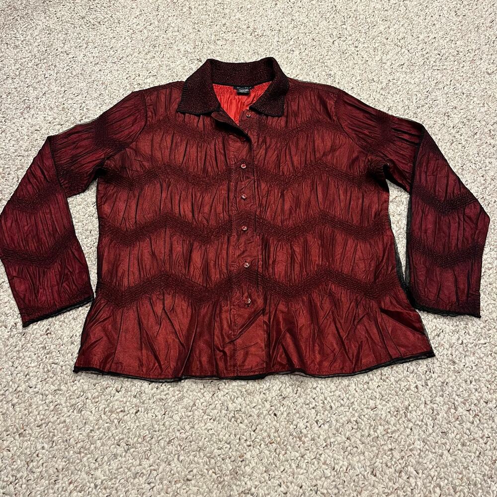 Dark Romantic Button Down Crinkle Satin Blouse L Tulle Overlay Whimsigoth Witchy